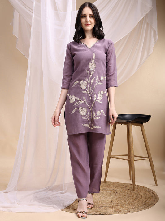 Hand Embroidered & Painted Kurta With Pant, Lavender - Hiral Fashion
