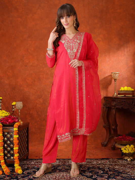 Sequin Embroidered Kurta With Pant & Embroidered Organza Dupatta, Pink - Hiral Fashion