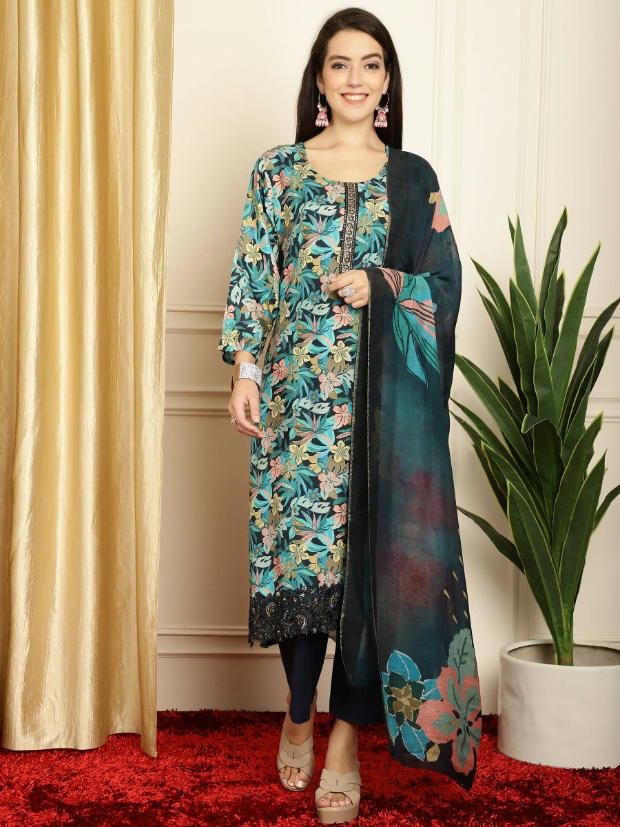 Aastha Fashion Women's Navy Blue Muslin Digital Printed with Embroidered Lace work Kurta with Trouser & Dupatta - Grab2buy