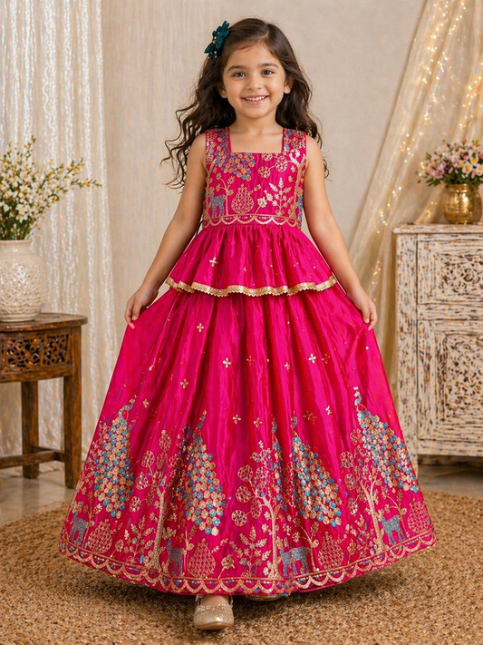 Evanik Pink Pure Gold Crush With Peacock Design Work Kids Lehenga Choli