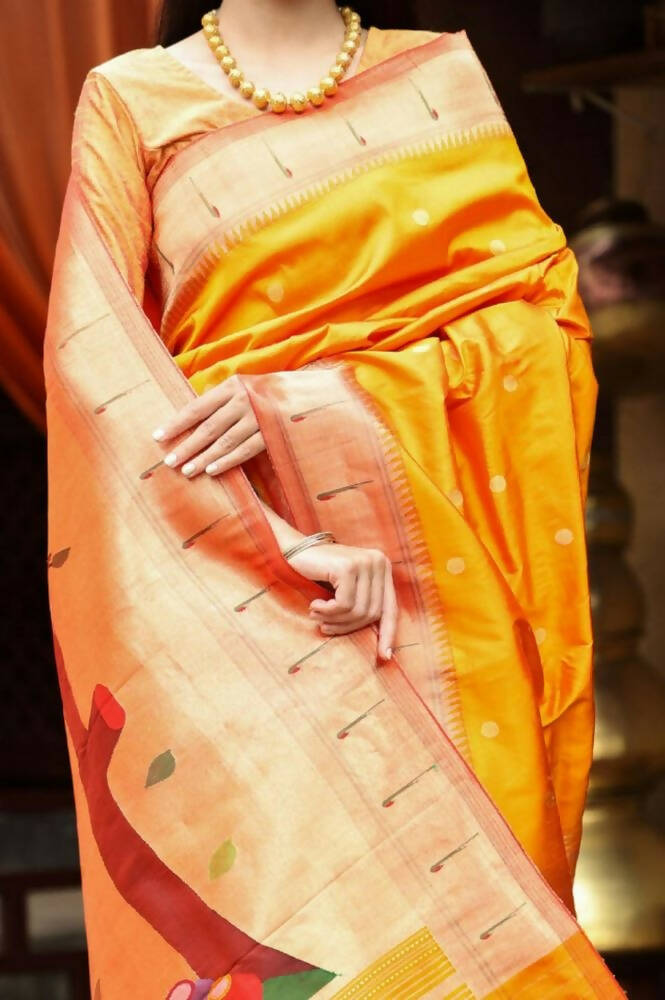 Very Much Indian Authentic Handloom, Beautiful Orange Yellow, Pure Silk Muniya Border Paithani With Radha Krishna Pallu(High Quality Silk) - Grab2buy