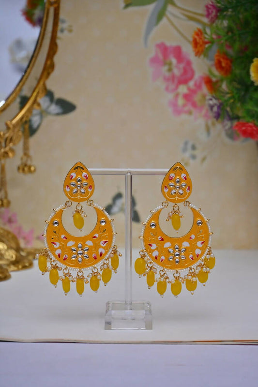 Gold Plated Brass & Pearl Dangle Women Yellow Hand Painted Meenakari Chandbali Earrings By House of Ree - Grab2buy