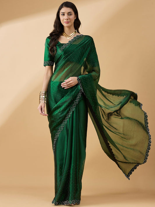 Green Organza Swaroski Diamond Work Saree with Unstitched Blouse - Radha