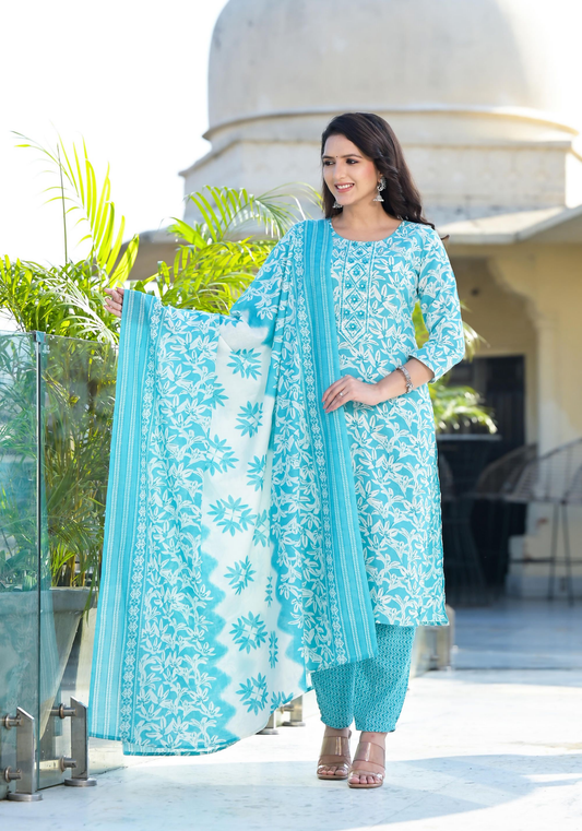 Juniper Women's Sky Blue Floral Printed Cotton Kurta Set With Thread & Mirror Work