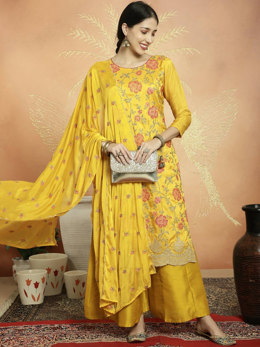 Aastha Fashion Women's Yellow Upada Silk Floral Resham Thread Kurta with Trouser & Dupatta - Grab2buy