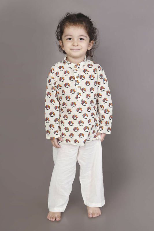 Breathables Kids Cotton Night Suit – White Turban Print Kurta & Pyjama Co-Ord Set For Boys & Girls