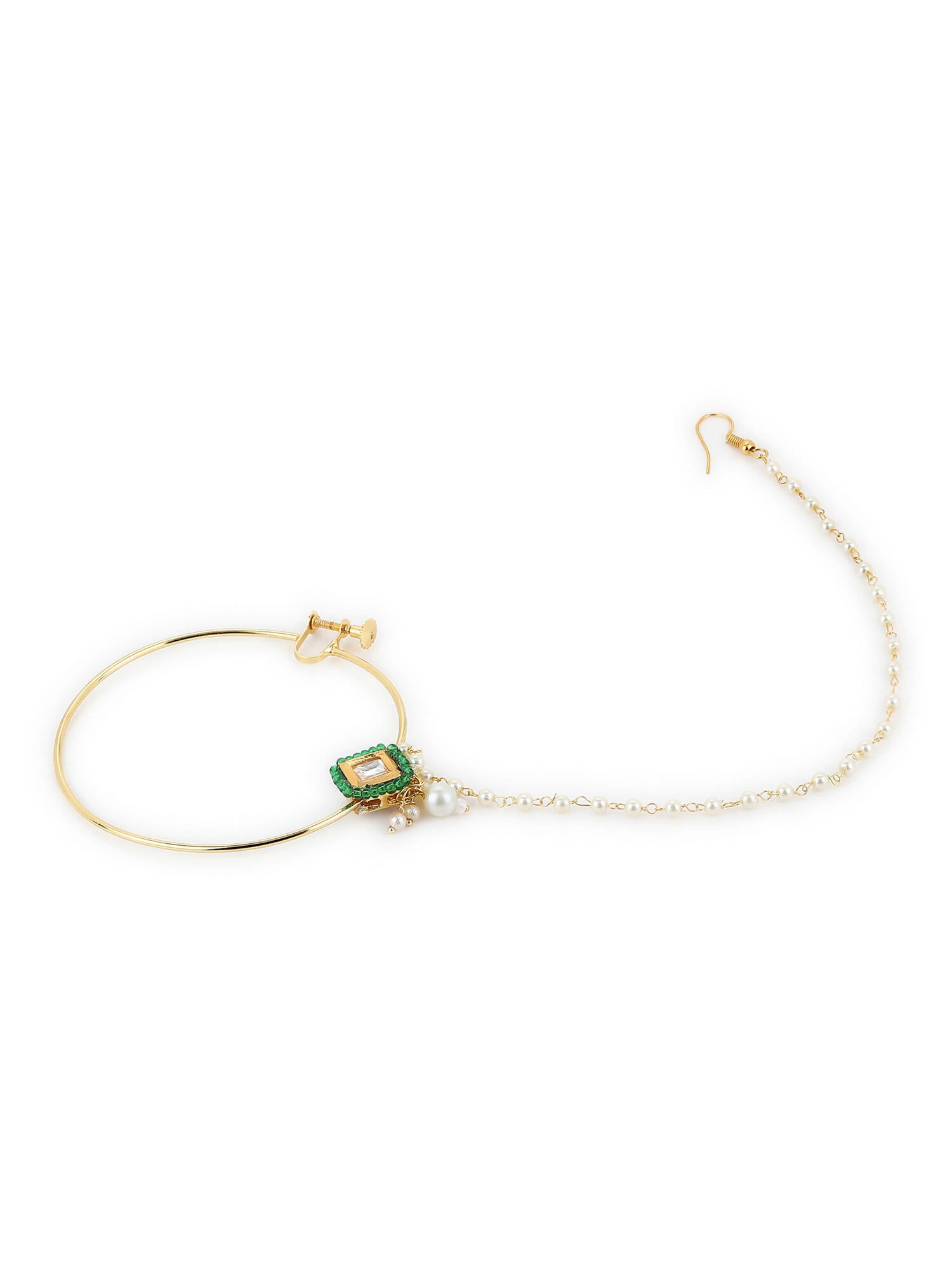 Gold-Plated Green White Kundan Studded Beaded Chained Nosepin - Ruby Raang - Grab2buy