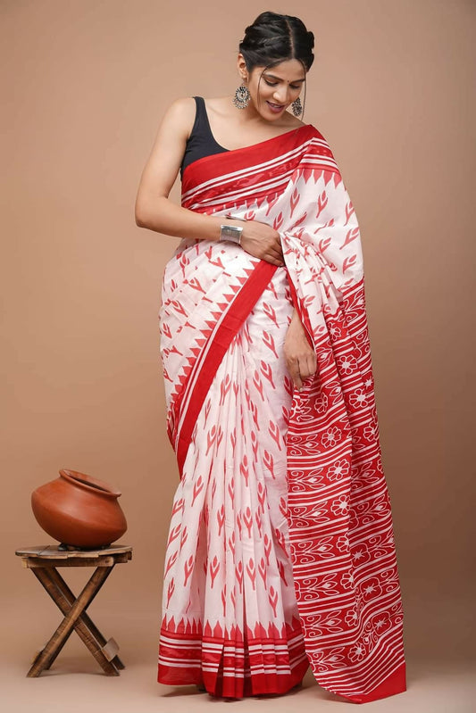 Exclusive Collection White Red Beautiful Mulmul Cotton Grab2Buy
