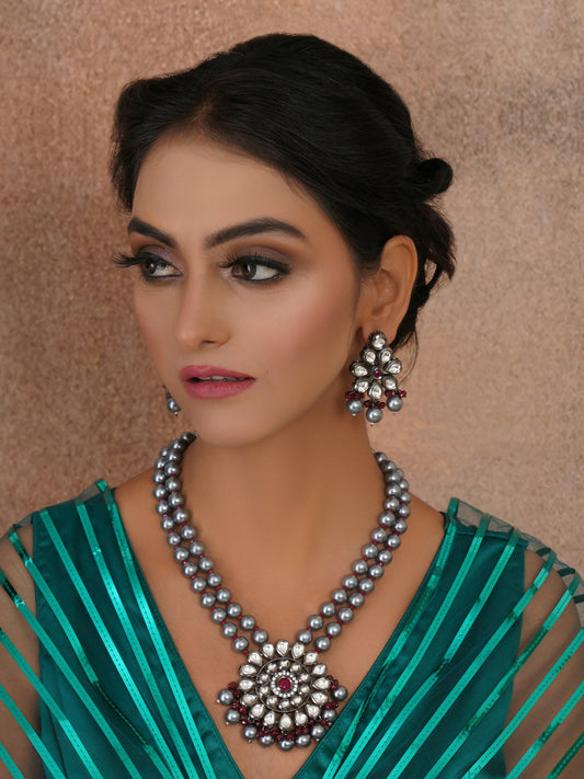 Long Kundan Neckpiece with Earrings with Multi Stones Jewellery Set (Grey) - Ruby Raang - Grab2buy