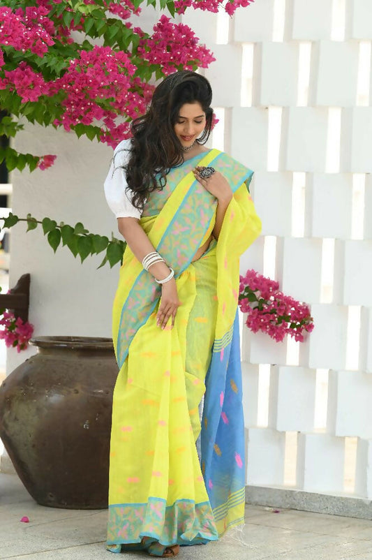 Beatitude Yellow Slub Cotton Floral Jamdani Saree