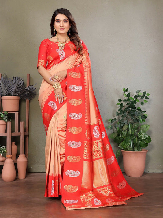 Joban Fashion Banarasi Peach Butti Soft Silk Saree | Swadesiicart