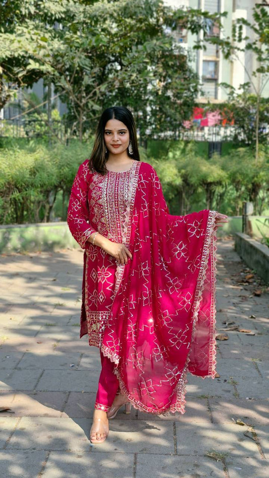 Teeya Creation Rani Color Faux Georgette Heavy Embroidery Work Fully Stitched Salwar Suit