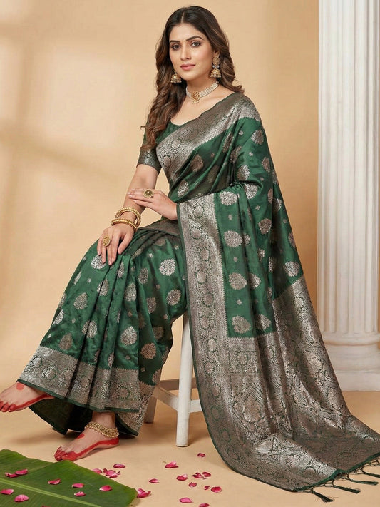 Anaita D Green Silk Blend Woven Saree With Blouse