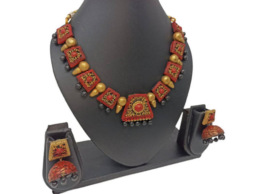 Terracotta Red and Black Choker Necklace Set Paired with Temple Earrings