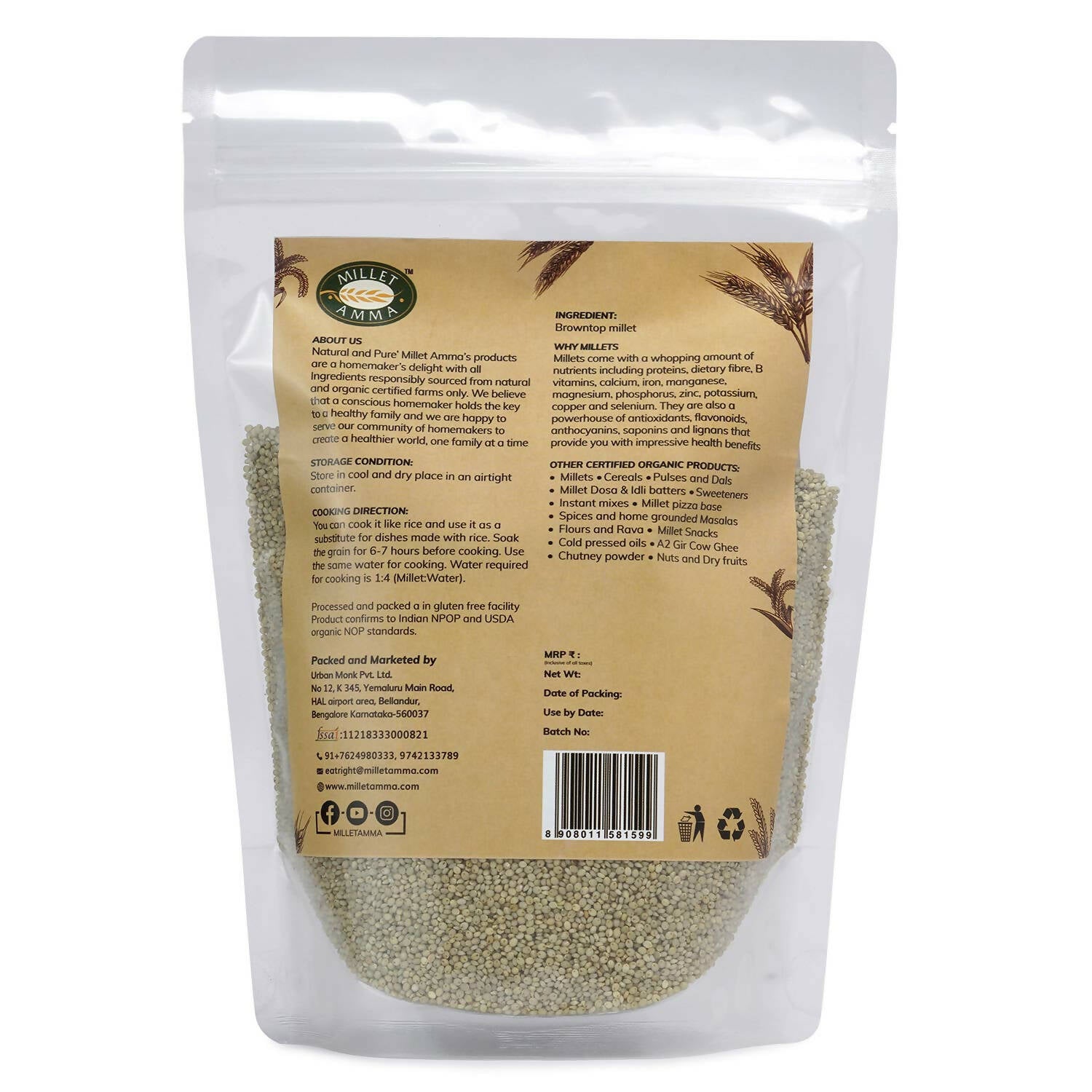 Millet Amma Organic Browntop Millet Grains - Grab2buy