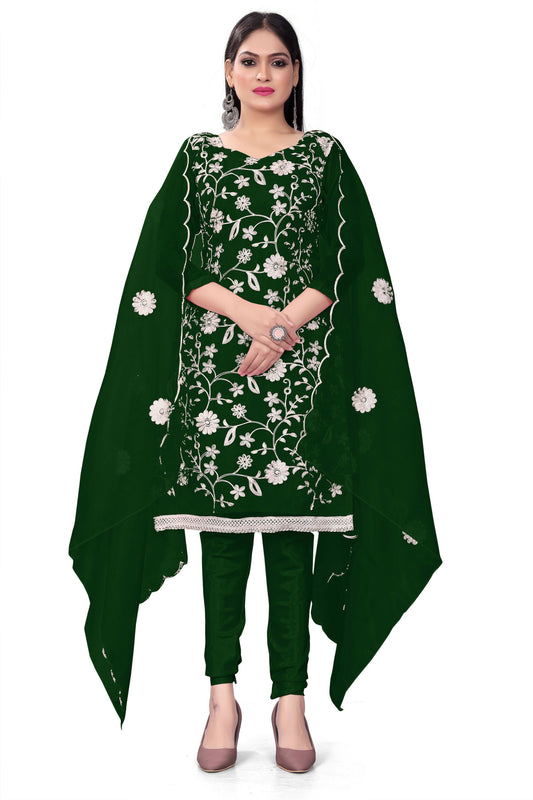 Green Organza Silk Embroidered Work Unstitched Dress Material - Tanvi