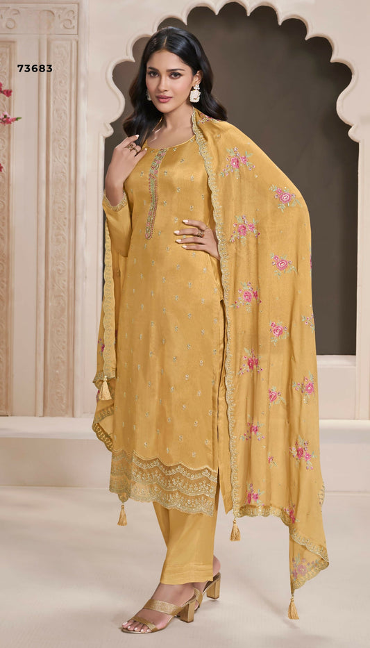Anaita Yellow Silk Embroidered Stitched Salwar Suit