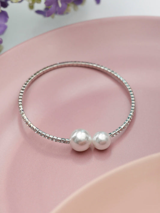 Priyaasi Women American Diamond Perals Silver Plated Circle Cuff Bracelet | Grab2Buy