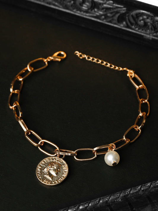 Priyaasi Women White Pearls Rose Gold-Polished Coin Link Bracelet | Grab2Buy