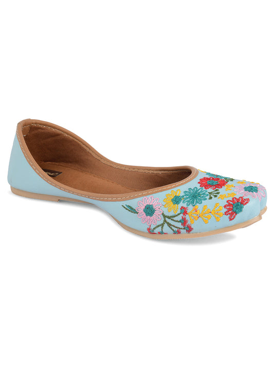 Desi Colour Women Indian Ethnic Footwear-Cushioned Sky Blue Floral Emb