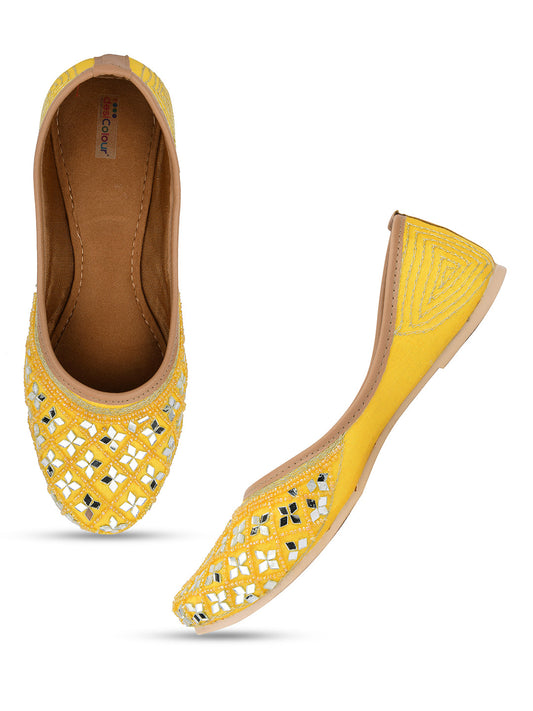 Desi Colour Women Indian Ethnic Footwear-Mirror Art- Yellow