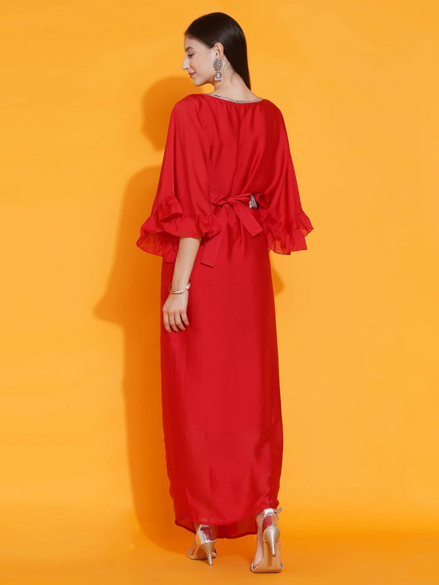 Women Republic Red Georgette Gown With Embellished Belt - Grab2buy
