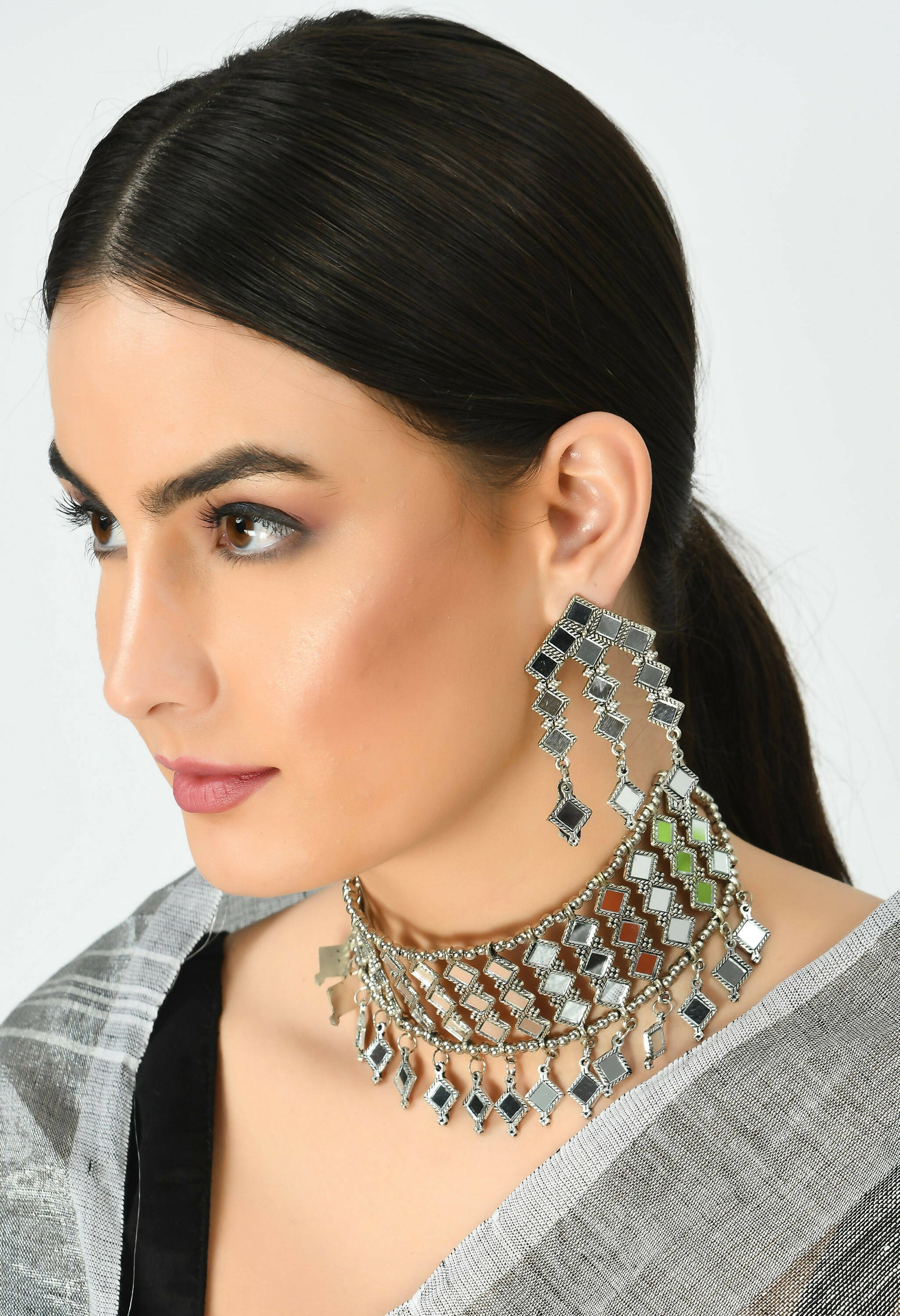 Mominos Fashion Johar Kamal Oxidised Silver-Plated Alloy Finish Mirror Choker For Women - Grab2buy