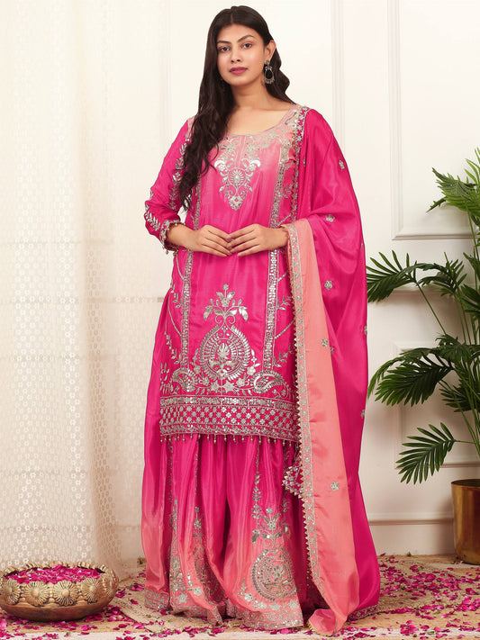 Prazu Fashion Pink Shaded Chinon Silk Embroidered Sequence Palazzo Suit