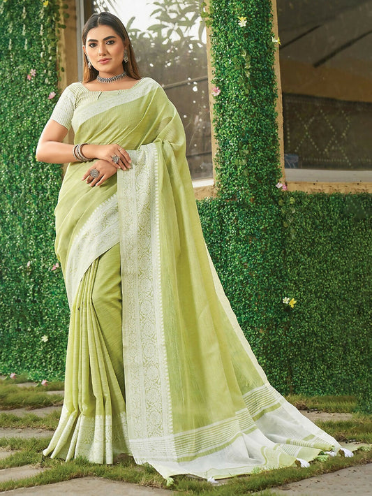 Shree Shyam Fashion Lime Green Linen Saree