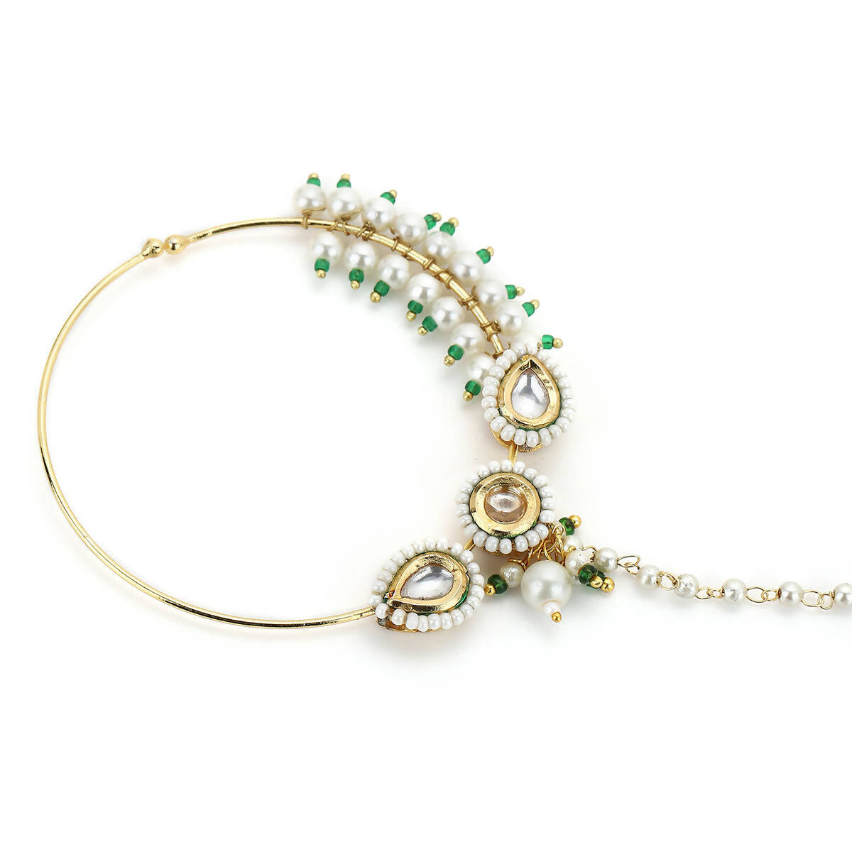 Gold-Plated White Kundan Studded Pearl Beaded Nose Pin - Ruby Raang - Grab2buy