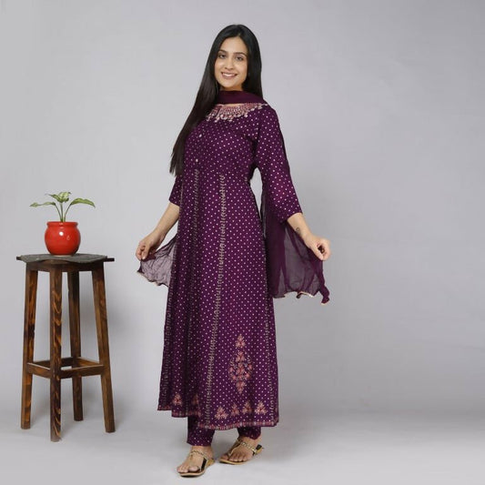 Alvano Women' Stylish Anarkali Kurta with Pant and Dupatta for Women and Girls Rayon (Wine)