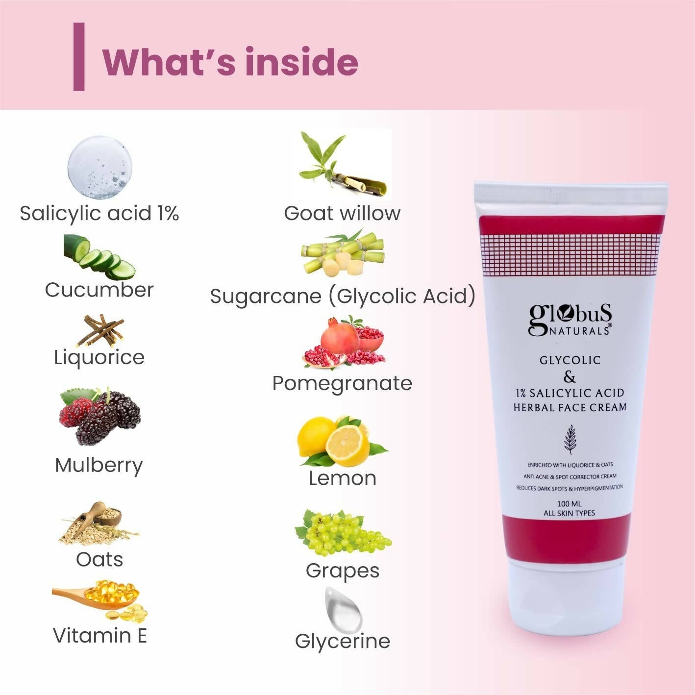 Globus Naturals Glycolic & 1% Salicylic Acid Herbal Anti Acne Face Cream - Grab2buy