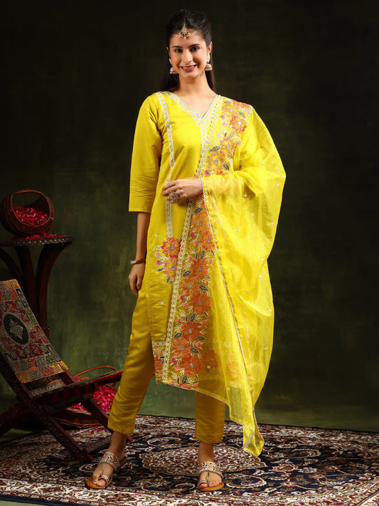 Embroidered Kurta With Pant & Embroidered Dupatta, Yellow - Hiral Fashion