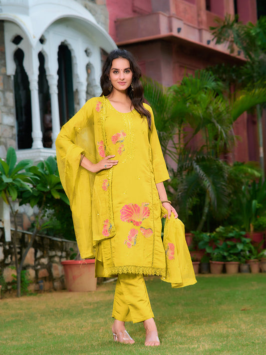 Full Front Embroidered Kurta With Pant & Embroidered Organza Dupatta, Yellow - Hiral Fashion