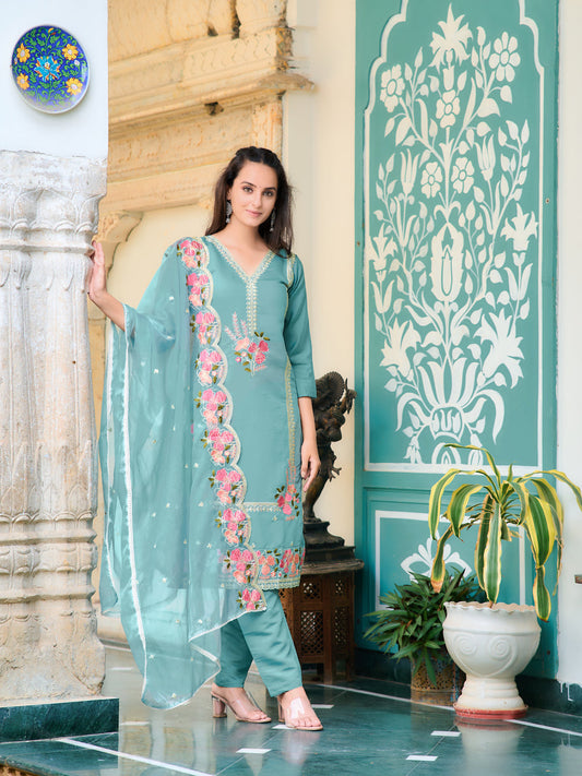 Full Front Embroidered Kurta With Pant & Embroidered Organza Dupatta, Blue - Hiral Fashion