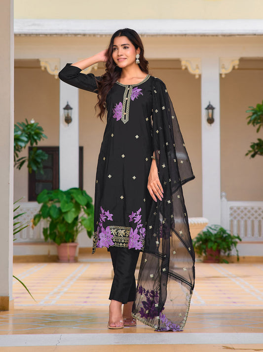 Embroidered Kurta With Pant & Embroidered Organza Dupatta, Black - Hiral Fashion