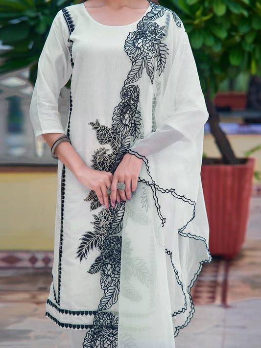 Embroidered Kurta With Pant & Embroidered Cut Work Organza Dupatta, White - Hiral Fashion