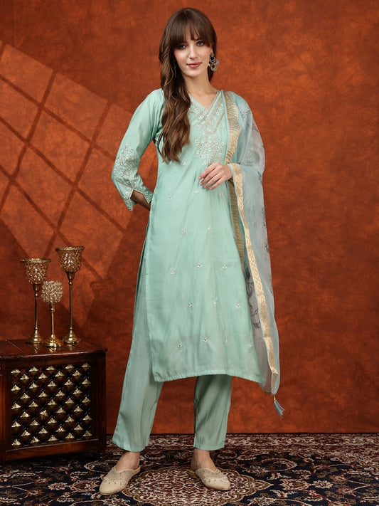 Sequined Embroidered Kurta With Pant & Floral Printed Dupatta, Green - Hiral Fashion