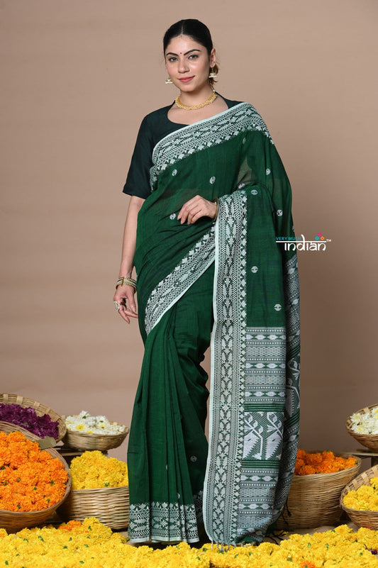 Very Much Indian Rajsi - Handloom Pure Cotton Grab2Buy with Hand-embroidered Symmetric Border - Green