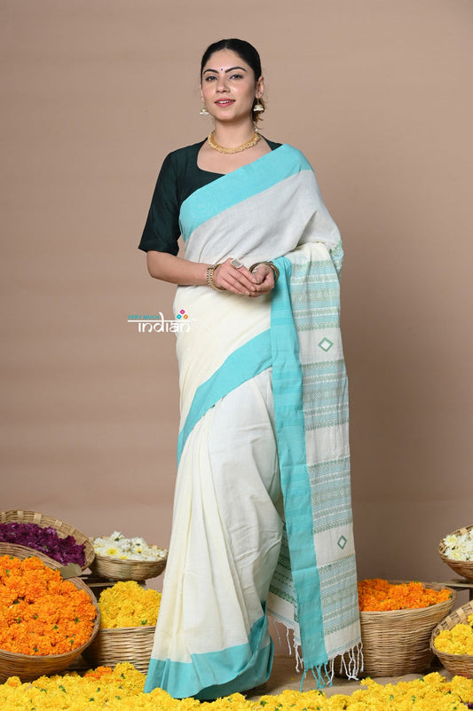 Very Much Indian Rajsi - Handloom Pure Cotton Grab2Buy with Classic Border and Pallu - White