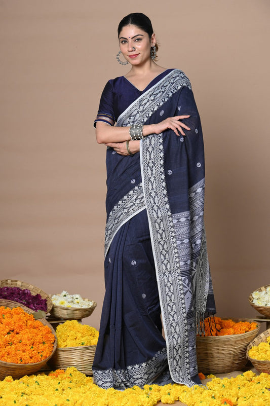 Very Much Indian Rajsi - Handloom Pure Cotton Grab2Buy with Hand-embroidered Symmetric Border - Dark Blue