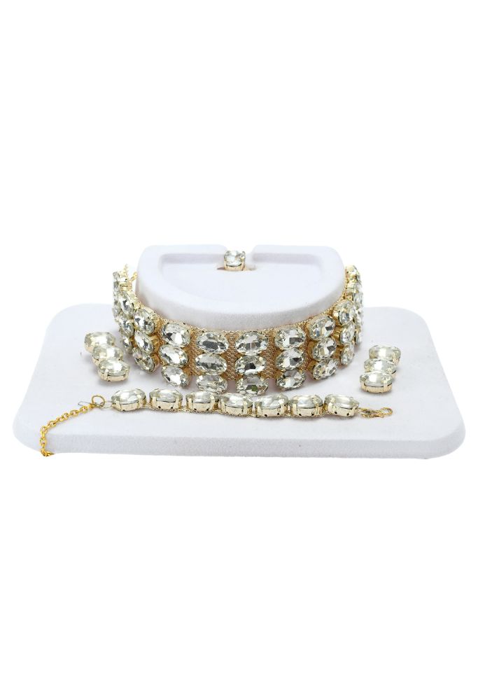 Mominos Fashion Johar Kamal Gold-Plated Finish Stone Choker For Women (White) - Grab2buy