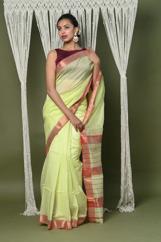 Very Much Indian Handloom Cotton Silk Grab2Buy With Sleek Golden Border - chartreuse green
