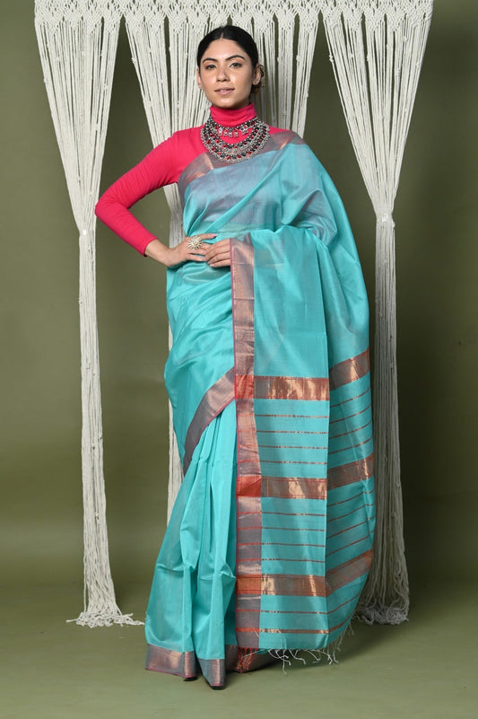 Very Much Indian Handloom Cotton Silk Grab2Buy With Sleek Golden Border - sky blue