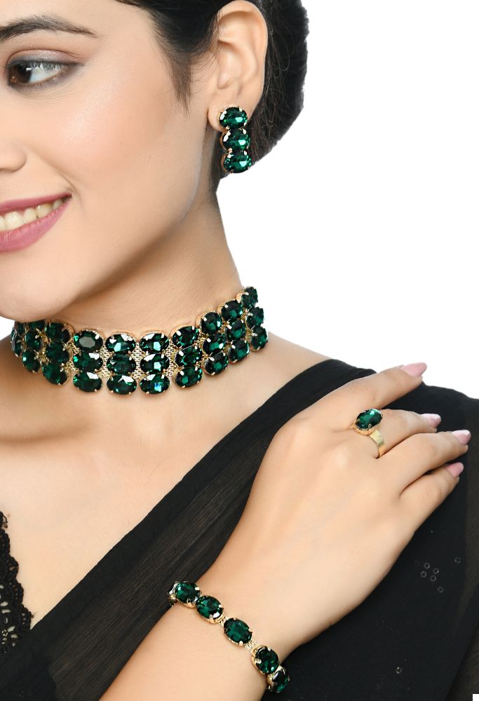Mominos Fashion Johar Kamal Gold-Plated Finish Stone Choker For Women (Green) - Grab2buy