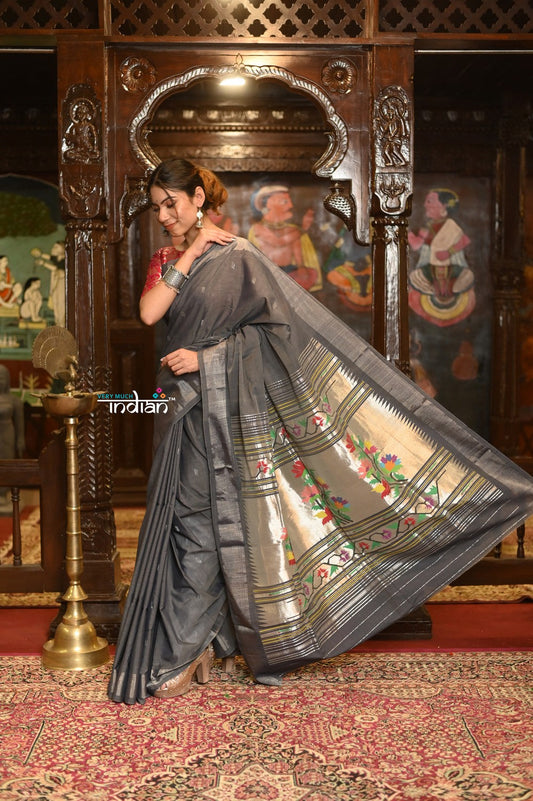 Very Much Indian Authentic Handloom Pure Cotton Paithani with Handcrafted Asawali Pallu - Grey Silver