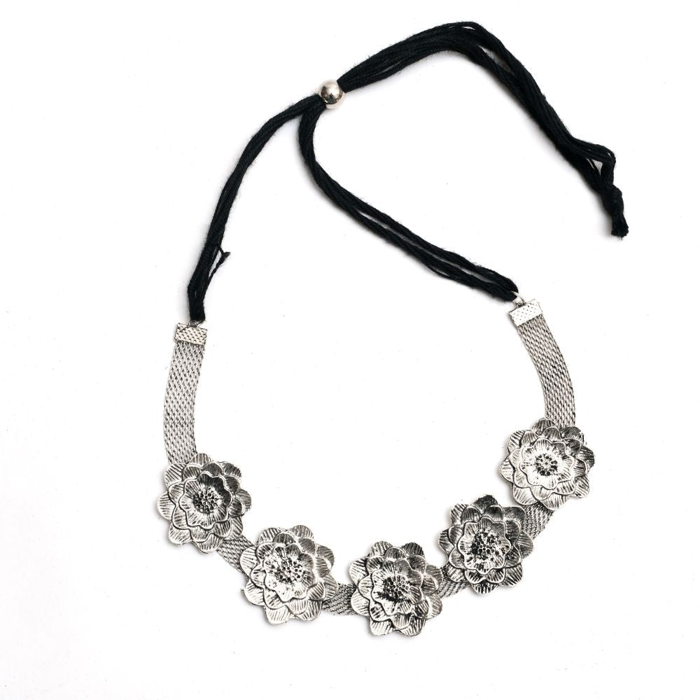 Mominos Fashion Johar Kamal Silver-Plated Brass Finish Rose Design Choker For Women (Silver) - Grab2buy