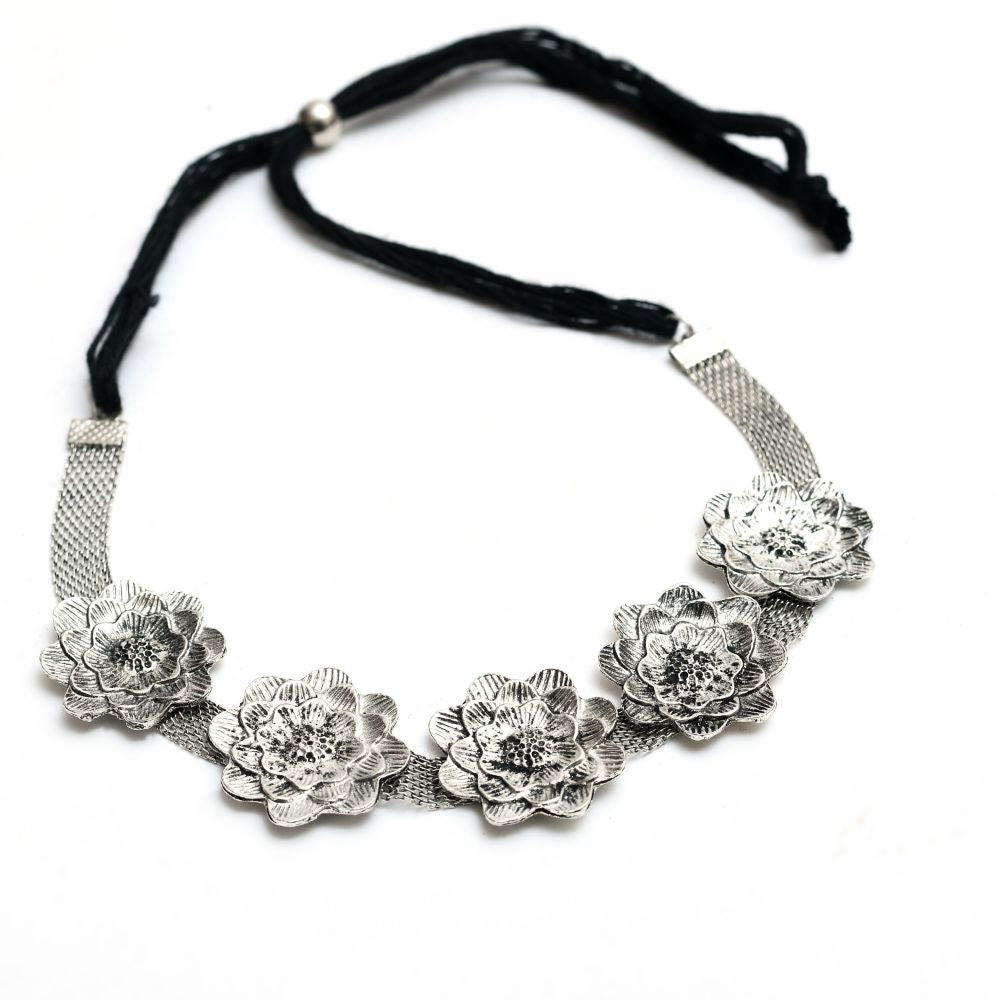 Mominos Fashion Johar Kamal Silver-Plated Brass Finish Rose Design Choker For Women (Silver) - Grab2buy