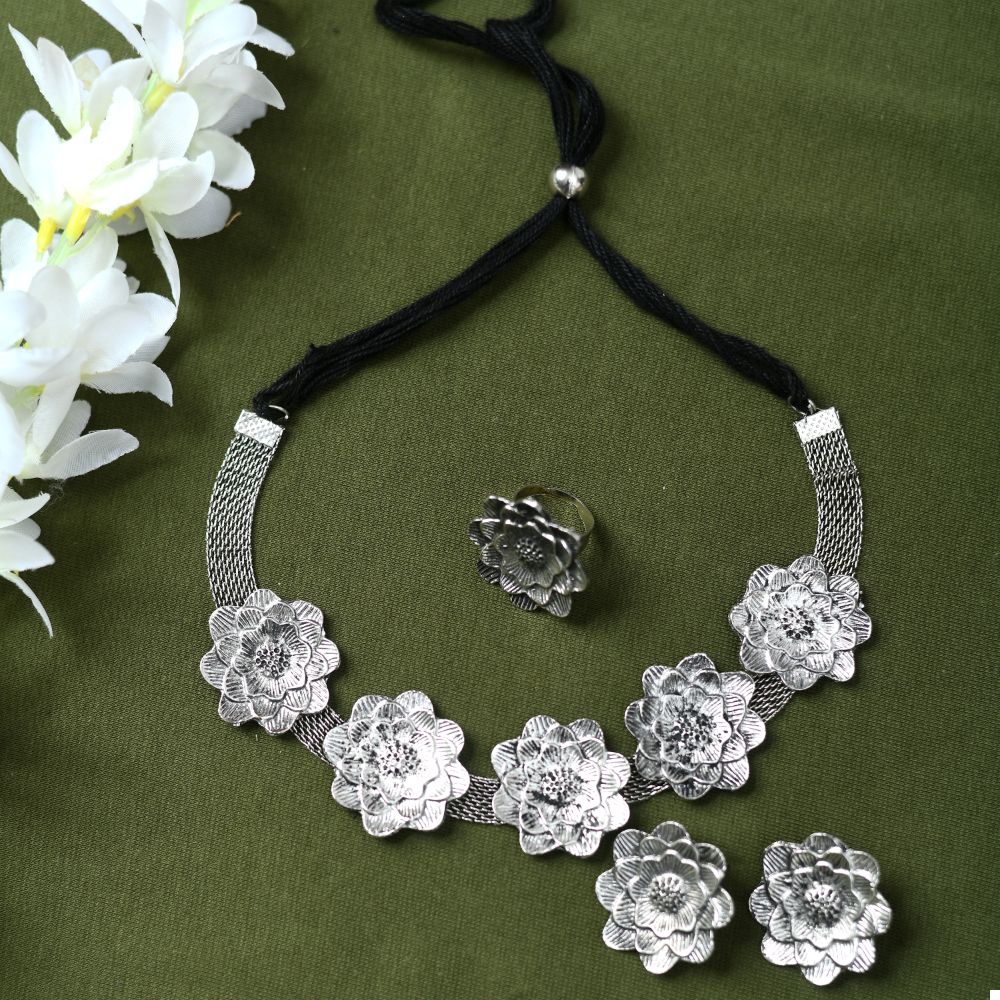 Mominos Fashion Johar Kamal Silver-Plated Brass Finish Rose Design Choker For Women (Silver) - Grab2buy