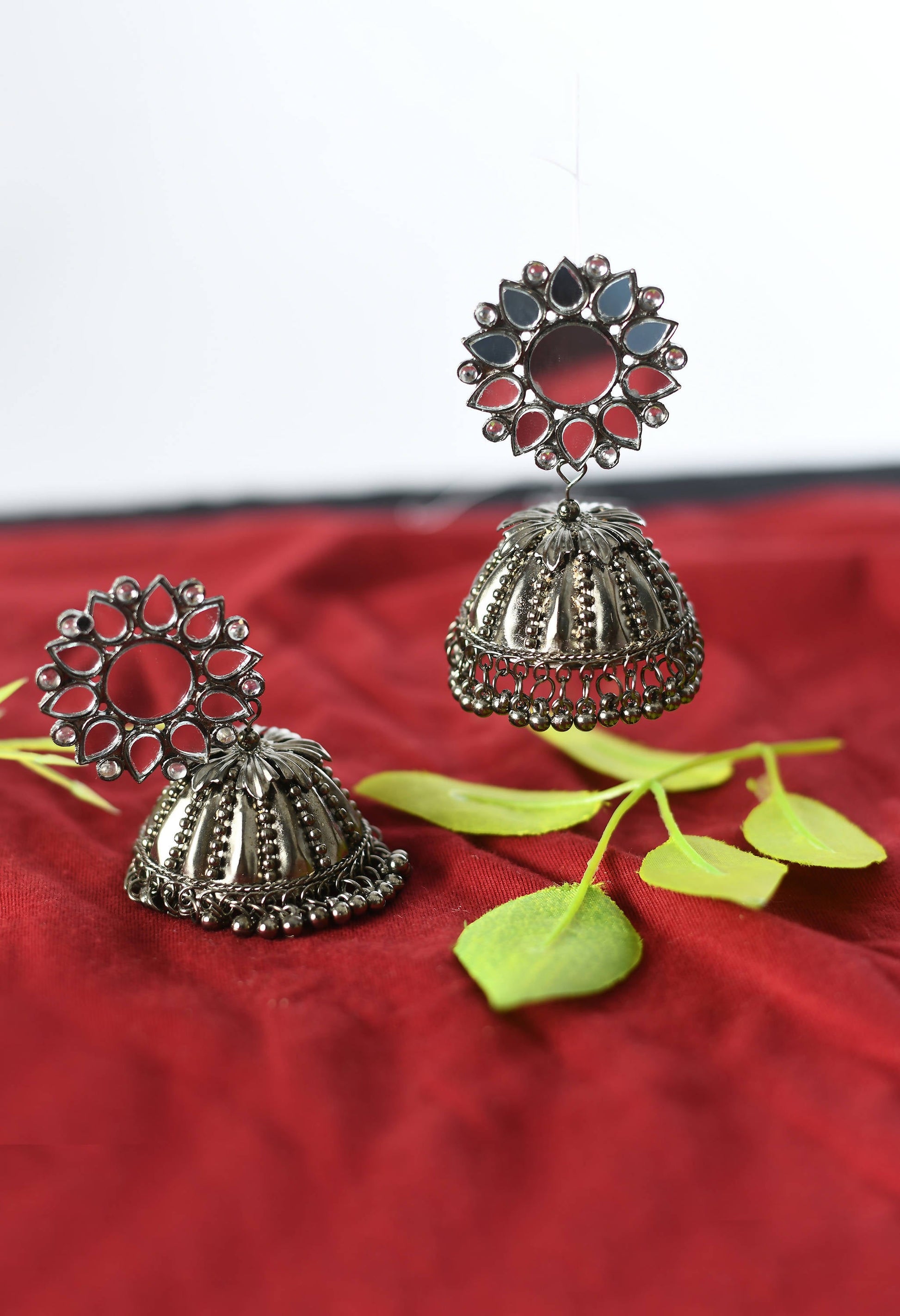 Mominos Fashion Johar Kamal Silver-Plated With Mirror Earrings Jhumkas - Grab2buy